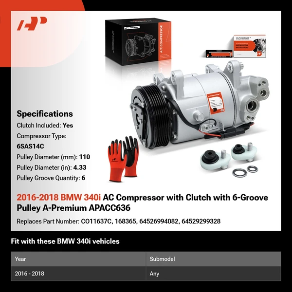2016-2018 BMW 340i AC Compressor with Clutch with 6-Groove Pulley A-Premium APACC636
