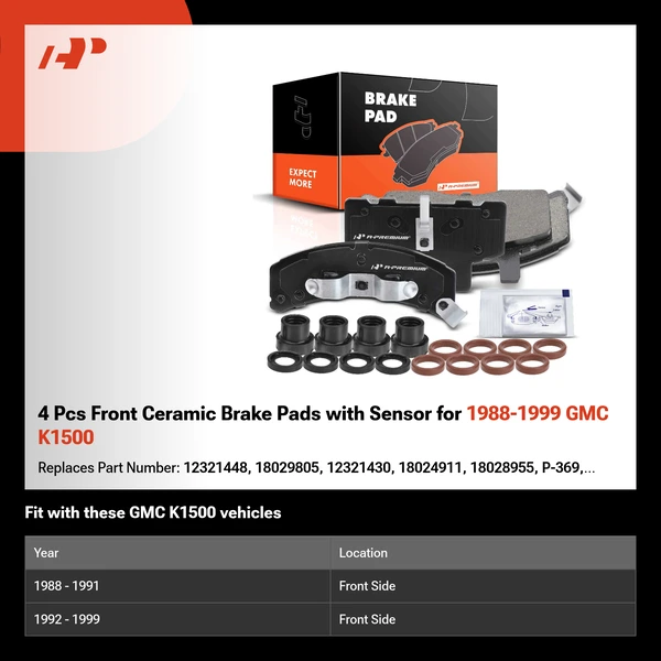 4 Pcs Front Ceramic Brake Pads with Sensor for 1988-1999 GMC K1500