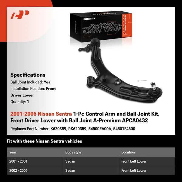 2001-2006 Nissan Sentra 1-Pc Control Arm and Ball Joint Kit, Front Driver Lower with Ball Joint A-Premium APCA0432