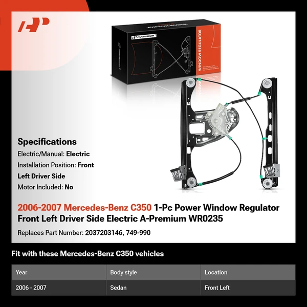 2006-2007 Mercedes-Benz C350 1-Pc Power Window Regulator Front Left Driver Side Electric A-Premium WR0235