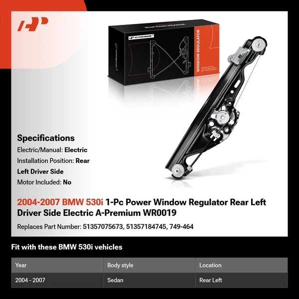 2004-2007 BMW 530i 1-Pc Power Window Regulator Rear Left Driver Side Electric A-Premium WR0019