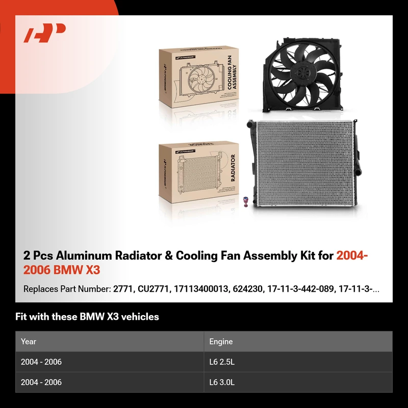 2 Pcs Aluminum Radiator & Cooling Fan Assembly Kit for 2004-2006 BMW X3