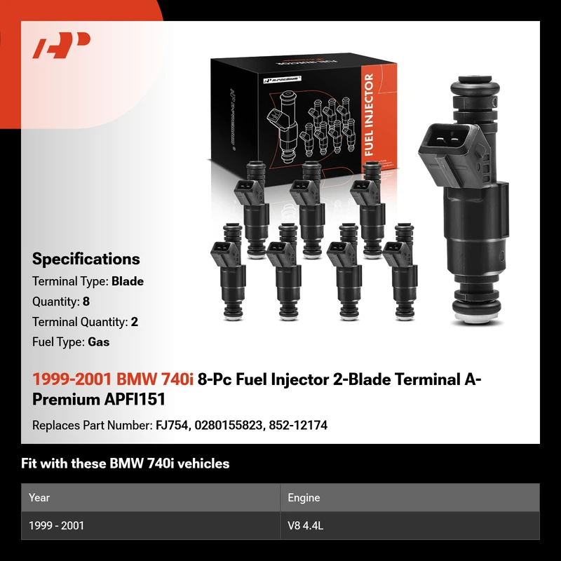 1999-2001 BMW 740i 8-Pc Fuel Injector 2-Blade Terminal A-Premium APFI151