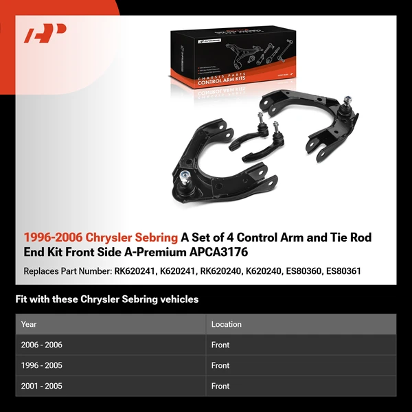 1996-2006 Chrysler Sebring A Set of 4 Control Arm and Tie Rod End Kit Front Side A-Premium APCA3176