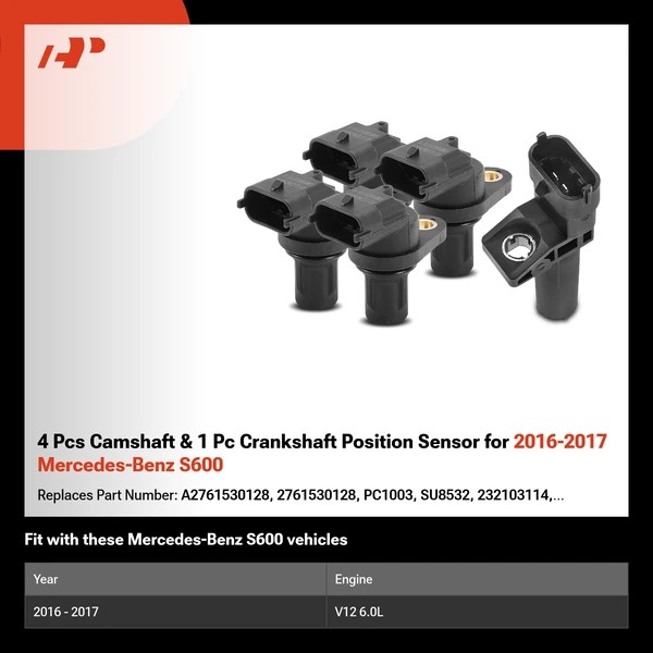 4 Pcs Camshaft & 1 Pc Crankshaft Position Sensor for 2016-2017 Mercedes-Benz S600