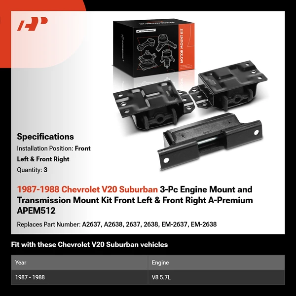 1987-1988 Chevrolet V20 Suburban 3-Pc Engine Mount and Transmission Mount Kit Front Left & Front Right A-Premium APEM512