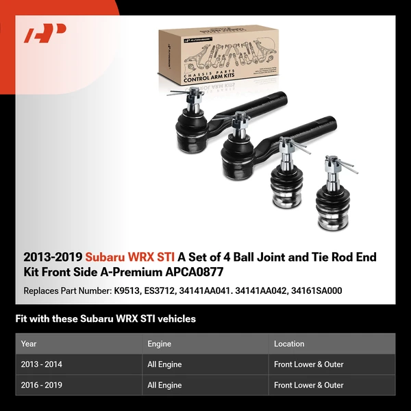 2013-2019 Subaru WRX STI A Set of 4 Ball Joint and Tie Rod End Kit Front Side A-Premium APCA0877