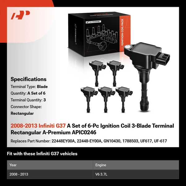 2008-2013 Infiniti G37 A Set of 6-Pc Ignition Coil 3-Blade Terminal Rectangular A-Premium APIC0246
