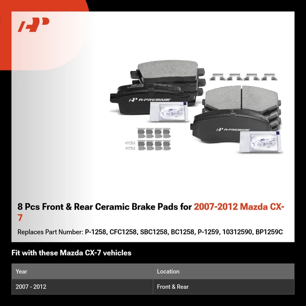8 Pcs Front & Rear Ceramic Brake Pads for 2007-2012 Mazda CX-7