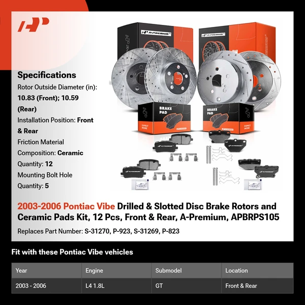 2003-2006 Pontiac Vibe Drilled & Slotted Disc Brake Rotors and Ceramic Pads Kit, 12 Pcs, Front & Rear, A-Premium, APBRPS105