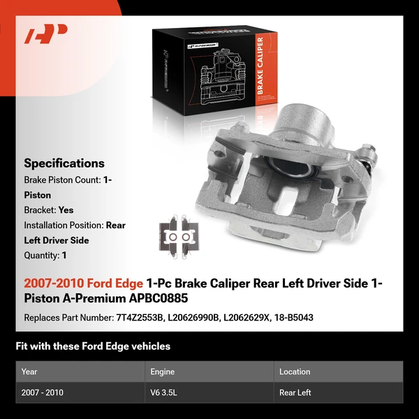 2007-2010 Ford Edge 1-Pc Brake Caliper Rear Left Driver Side 1-Piston A-Premium APBC0885