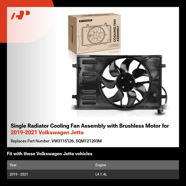Single Radiator Cooling Fan Assembly with Brushless Motor for 2019-2021 Volkswagen Jetta