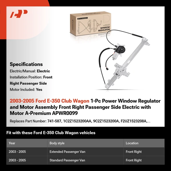 2003-2005 Ford E-350 Club Wagon 1-Pc Power Window Regulator and Motor Assembly Front Right Passenger Side Electric with Motor A-Premium APWR0099