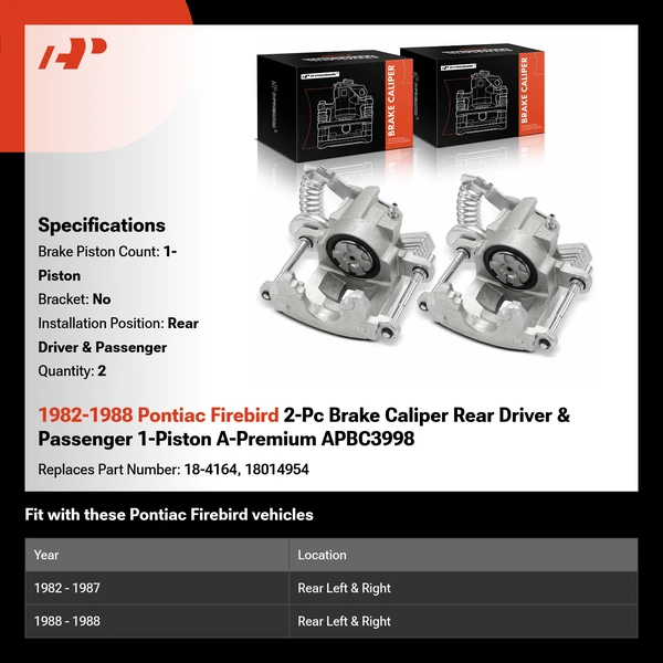 1982-1988 Pontiac Firebird 2-Pc Brake Caliper Rear Driver & Passenger 1-Piston A-Premium APBC3998