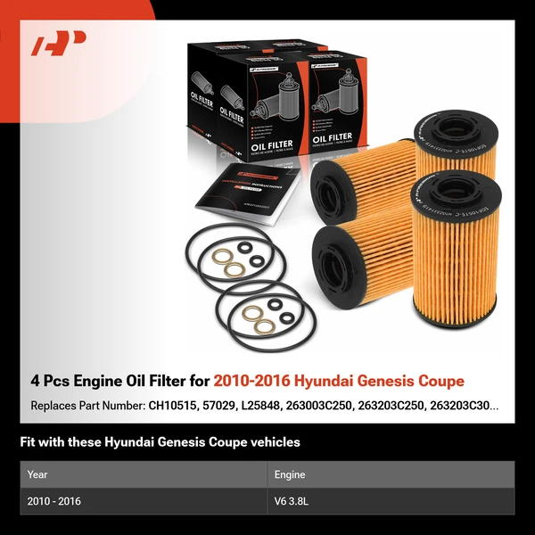 4 Pcs Engine Oil Filter for 2010-2016 Hyundai Genesis Coupe