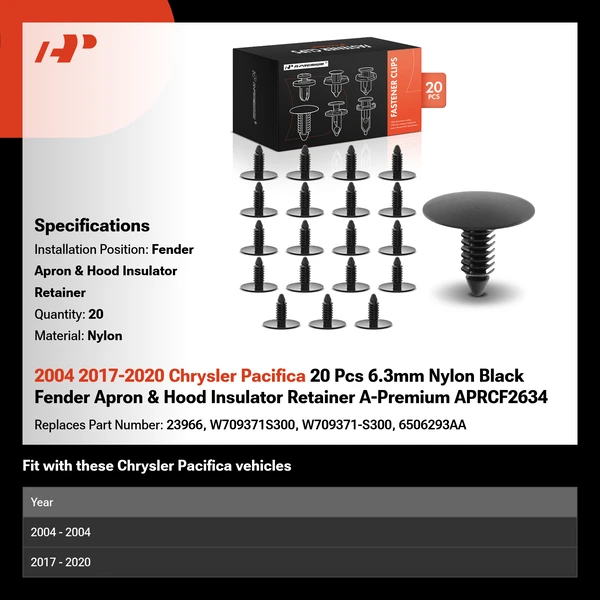 2004 2017-2020 Chrysler Pacifica 20 Pcs 6.3mm Nylon Black Fender Apron & Hood Insulator Retainer A-Premium APRCF2634