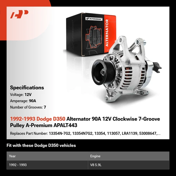 1992-1993 Dodge D350 Alternator 90A 12V Clockwise 7-Groove Pulley A-Premium APALT443