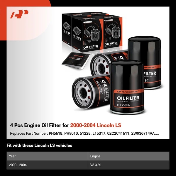 4 Pcs Engine Oil Filter for 2000-2004 Lincoln LS