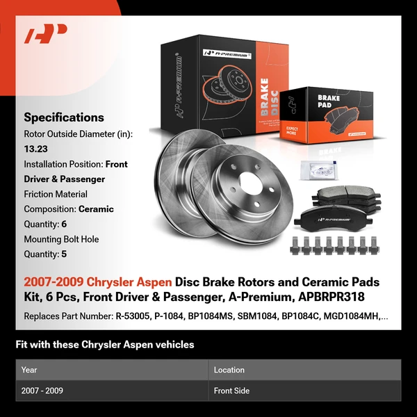 2007-2009 Chrysler Aspen Disc Brake Rotors and Ceramic Pads Kit, 6 Pcs, Front Driver & Passenger, A-Premium, APBRPR318