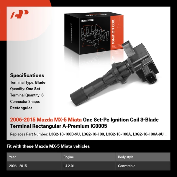 2006-2015 Mazda MX-5 Miata One Set-Pc Ignition Coil 3-Blade Terminal Rectangular A-Premium IC0005