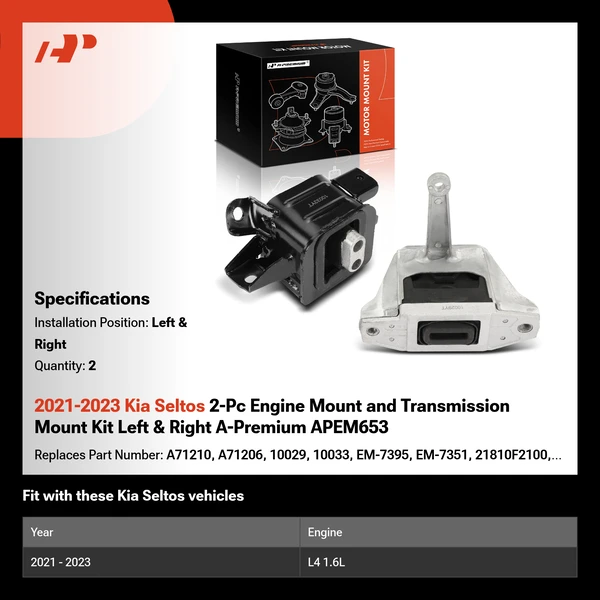2021-2023 Kia Seltos 2-Pc Engine Mount and Transmission Mount Kit Left & Right A-Premium APEM653