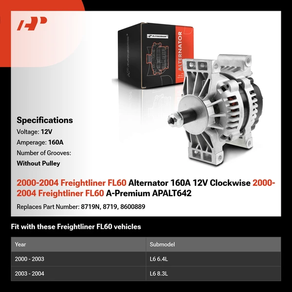 2000-2004 Freightliner FL60 Alternator 160A 12V Clockwise 2000-2004 Freightliner FL60 A-Premium APALT642