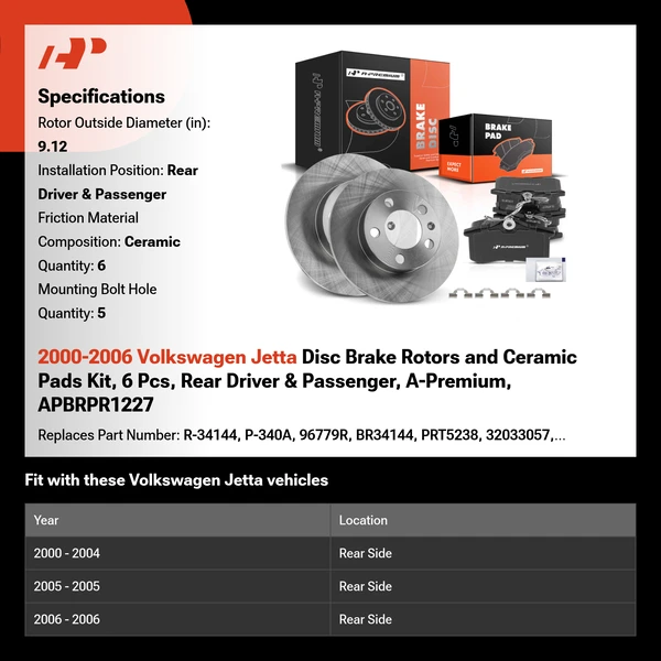 2000-2006 Volkswagen Jetta Disc Brake Rotors and Ceramic Pads Kit, 6 Pcs, Rear Driver & Passenger, A-Premium, APBRPR1227