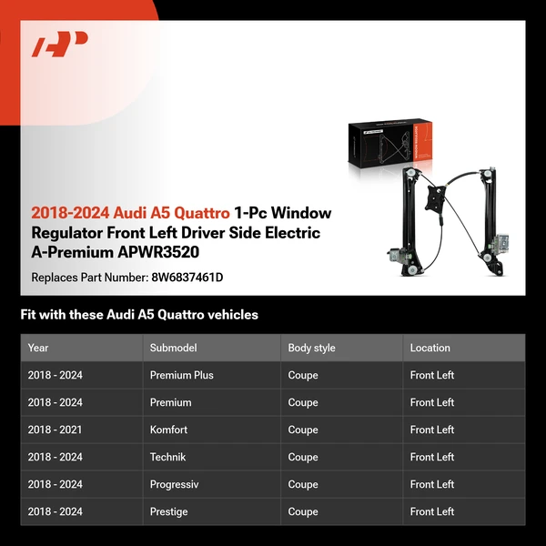 2018-2024 Audi A5 Quattro 1-Pc Window Regulator Front Left Driver Side Electric A-Premium APWR3520