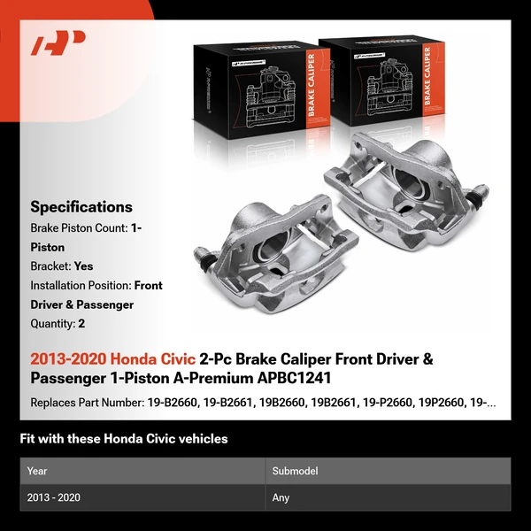 2013-2020 Honda Civic 2-Pc Brake Caliper Front Driver & Passenger 1-Piston A-Premium APBC1241