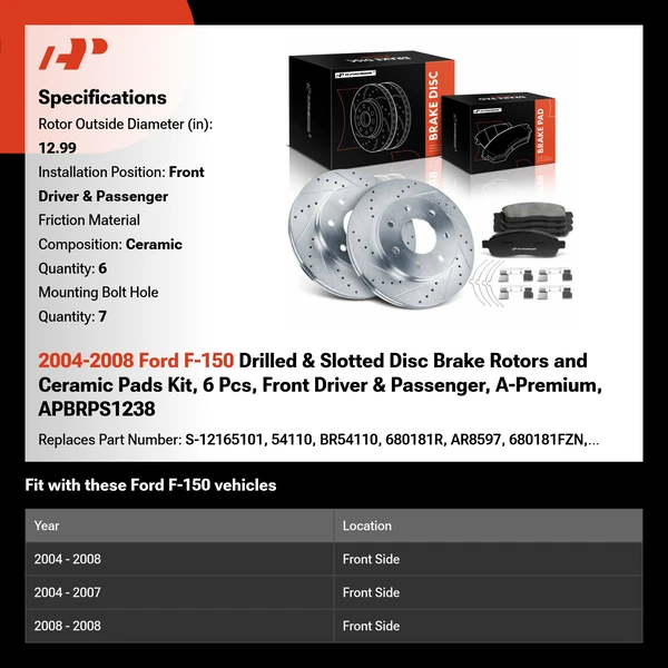 2004-2008 Ford F-150 Drilled & Slotted Disc Brake Rotors and Ceramic Pads Kit, 6 Pcs, Front Driver & Passenger, A-Premium, APBRPS1238