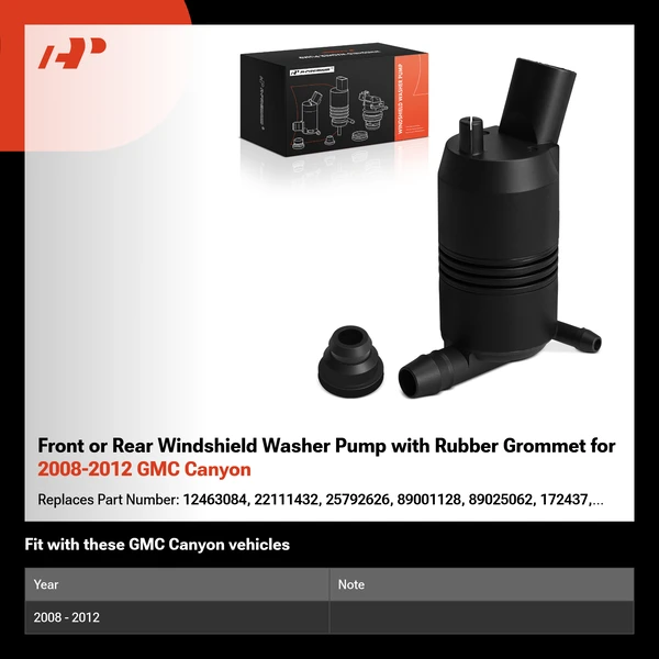 Front or Rear Windshield Washer Pump with Rubber Grommet for 2008-2012 GMC Canyon
