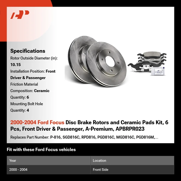 2000-2004 Ford Focus Disc Brake Rotors and Ceramic Pads Kit, 6 Pcs, Front Driver & Passenger, A-Premium, APBRPR023