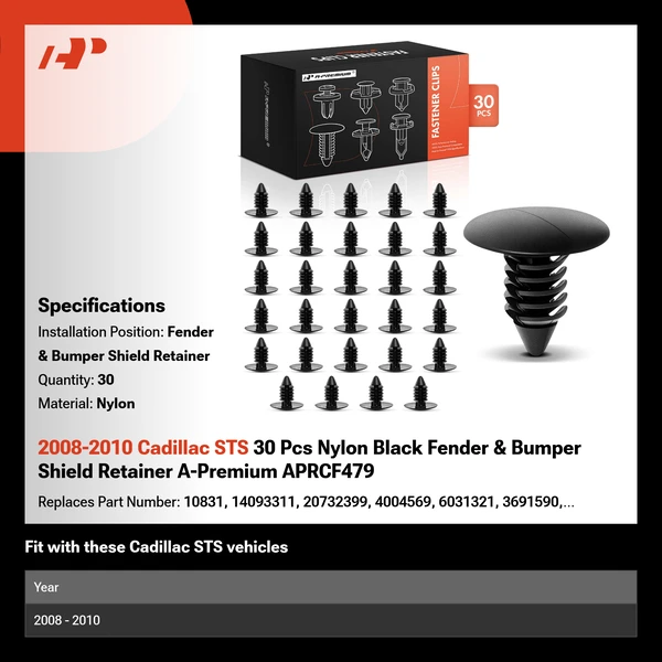2008-2010 Cadillac STS 30 Pcs Nylon Black Fender & Bumper Shield Retainer A-Premium APRCF479