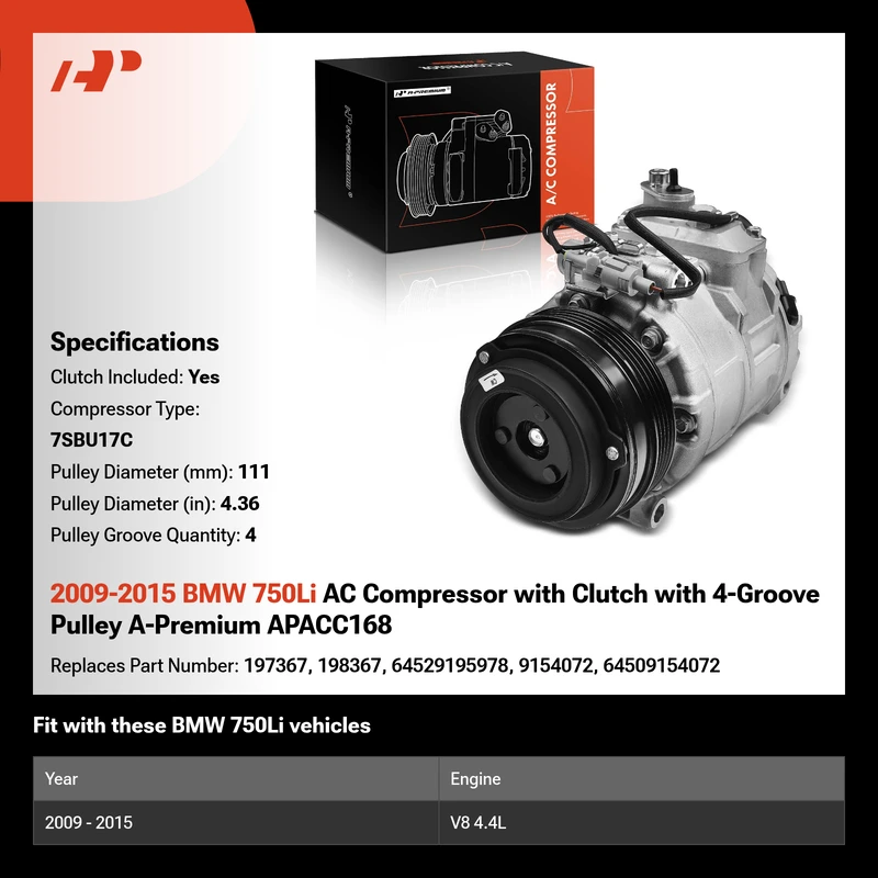 2009-2015 BMW 750Li AC Compressor with Clutch with 4-Groove Pulley A-Premium APACC168