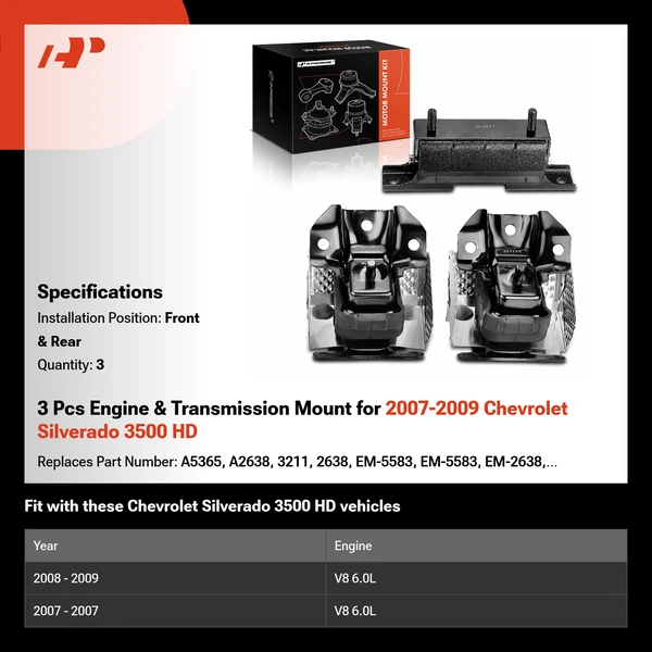 3 Pcs Engine & Transmission Mount for 2007-2009 Chevrolet Silverado 3500 HD