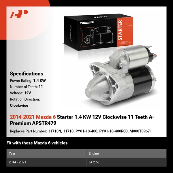 2014-2021 Mazda 6 Starter 1.4 KW 12V Clockwise 11 Teeth A-Premium APSTR479
