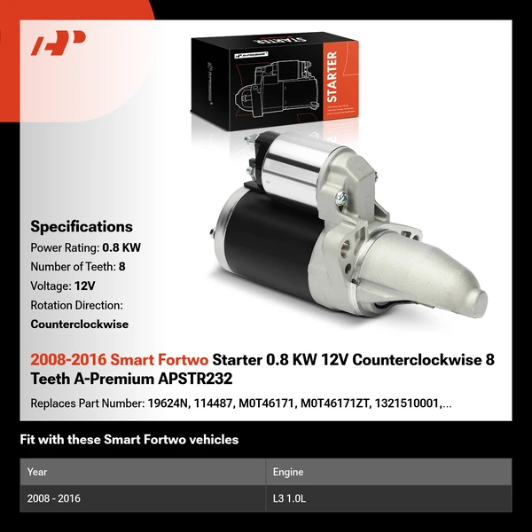 2008-2016 Smart Fortwo Starter 0.8 KW 12V Counterclockwise 8 Teeth A-Premium APSTR232