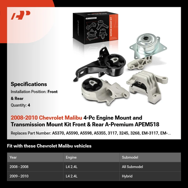 2008-2010 Chevrolet Malibu 4-Pc Engine Mount and Transmission Mount Kit Front & Rear A-Premium APEM518