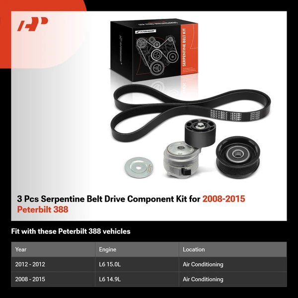 3 Pcs Serpentine Belt Drive Component Kit for 2008-2015 Peterbilt 388