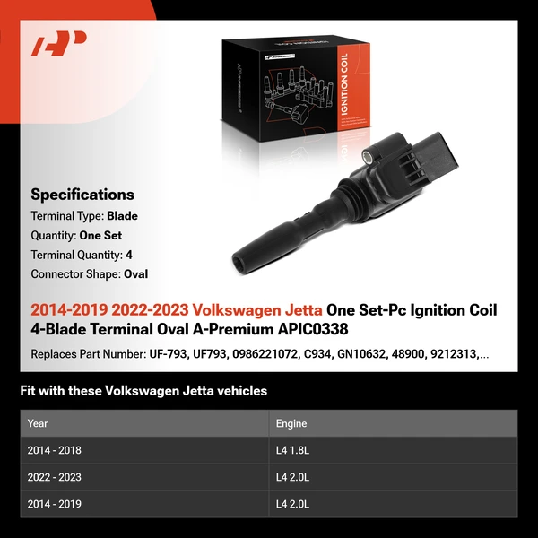 2014-2019 2022-2023 Volkswagen Jetta One Set-Pc Ignition Coil 4-Blade Terminal Oval A-Premium APIC0338