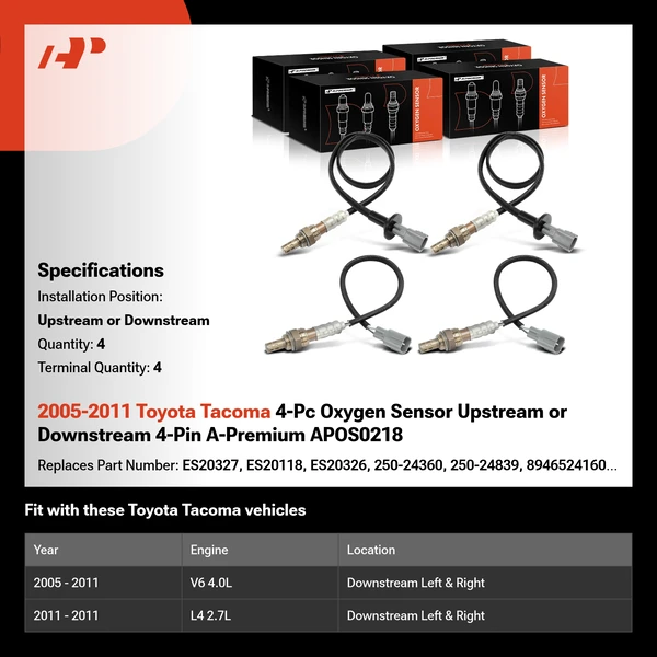 2005-2011 Toyota Tacoma 4-Pc Oxygen Sensor Upstream or Downstream 4-Pin A-Premium APOS0218