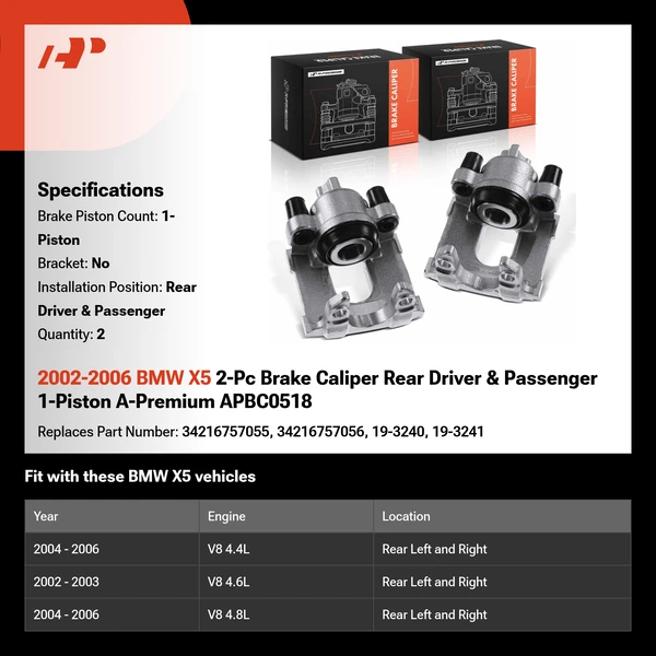 2002-2006 BMW X5 2-Pc Brake Caliper Rear Driver & Passenger 1-Piston A-Premium APBC0518