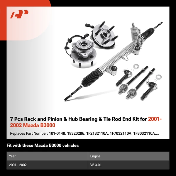 7 Pcs Rack and Pinion & Hub Bearing & Tie Rod End Kit for 2001-2002 Mazda B3000