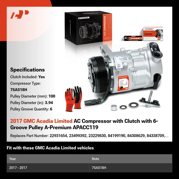 2017 GMC Acadia Limited AC Compressor with Clutch with 6-Groove Pulley A-Premium APACC119