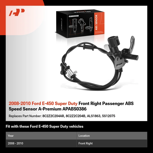 2008-2010 Ford E-450 Super Duty Front Right Passenger ABS Speed Sensor A-Premium APABS0386