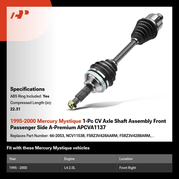 1995-2000 Mercury Mystique 1-Pc CV Axle Shaft Assembly Front Passenger Side A-Premium APCVA1137