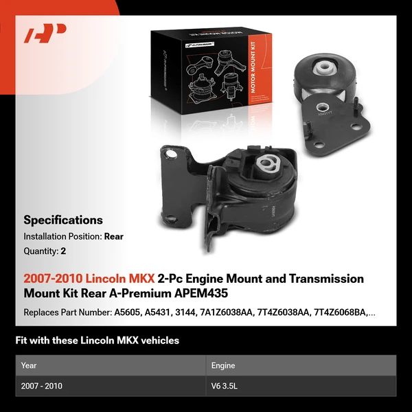 2007-2010 Lincoln MKX 2-Pc Engine Mount and Transmission Mount Kit Rear A-Premium APEM435