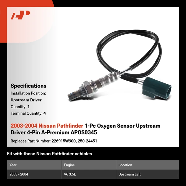 2003-2004 Nissan Pathfinder 1-Pc Oxygen Sensor Upstream Driver 4-Pin A-Premium APOS0345