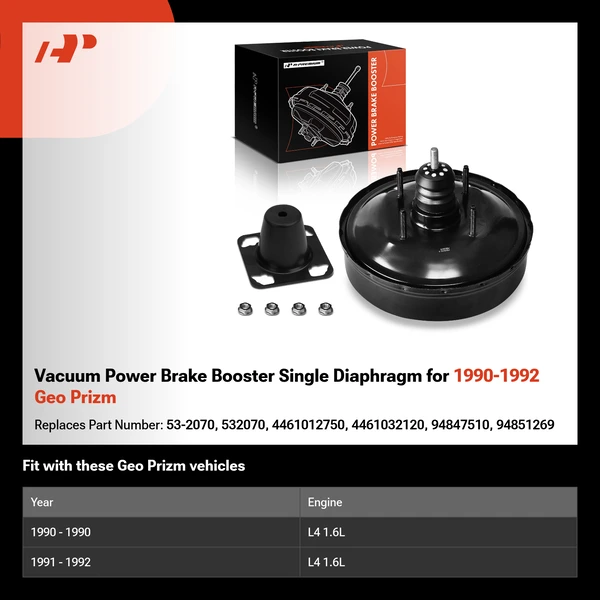 Vacuum Power Brake Booster Single Diaphragm for 1990-1992 Geo Prizm