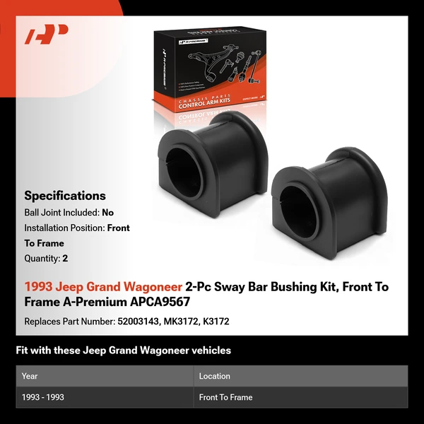 1993 Jeep Grand Wagoneer 2-Pc Sway Bar Bushing Kit, Front To Frame A-Premium APCA9567